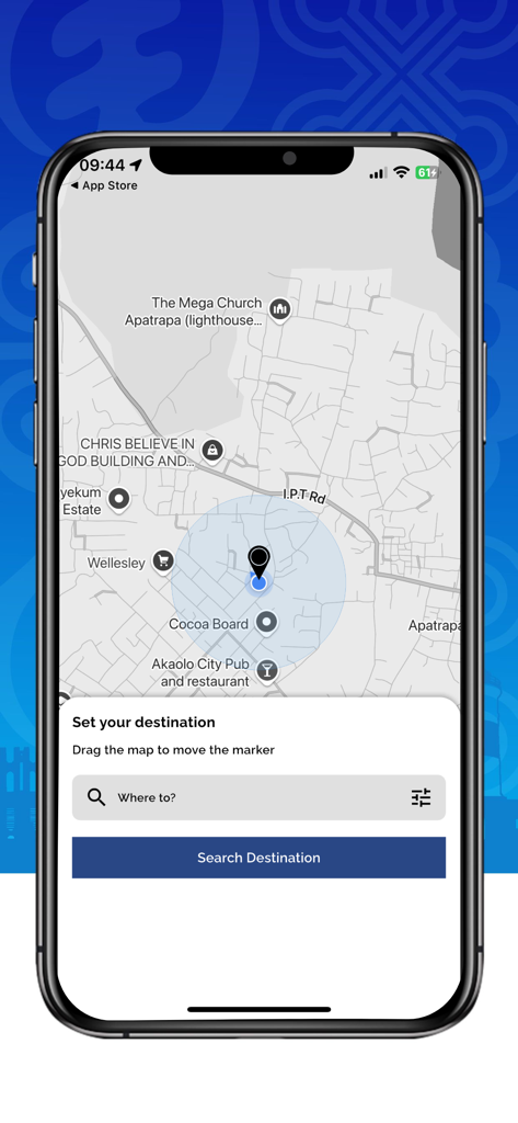 Shaxi - Shaxi ride hailing mobile app interface showing a map and a destination search bar to book a ride.