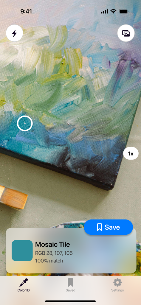 Color Identifier. Camera - Una captura de pantalla de la aplicación Identificador de Color identificando un color turquesa llamado Mosaico de Baldosas de una pintura al óleo usando la cámara