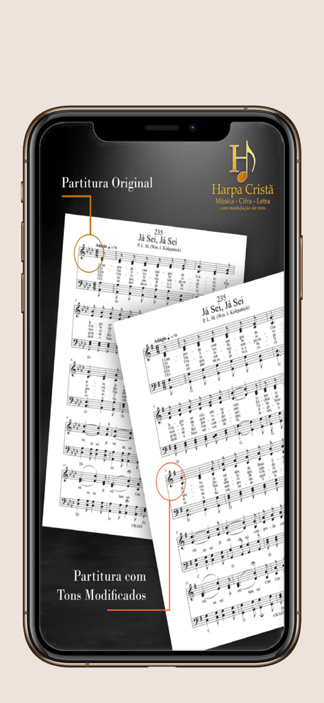 Harpa Cristã em Clave de Dó - Comparação entre partitura original e transposta para um hino no aplicativo Harpa Crista