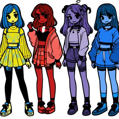 one girl with crop-top shirt and a jacket with a skirt, long socks and another girl with a shirt and pants with a jacket