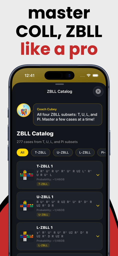 CuberPal: Cube Timer & Coach - CuberPal app interface showing the ZBLL algorithm catalog for advanced Rubiks cube solving