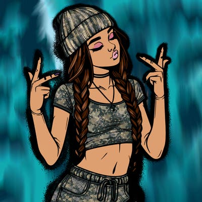 realistic teenage girl with braids and a beanie and crop top doing 🫶🏼