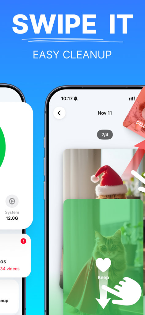 Memoria AI:Cleaner & Optimizer - Pantalla del iPhone que muestra la función de deslizamiento de Memoria AI para organizar y eliminar fotos rápidamente