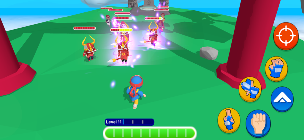Ninja World Adventure - A ninja character fighting enemies in a green field with action buttons