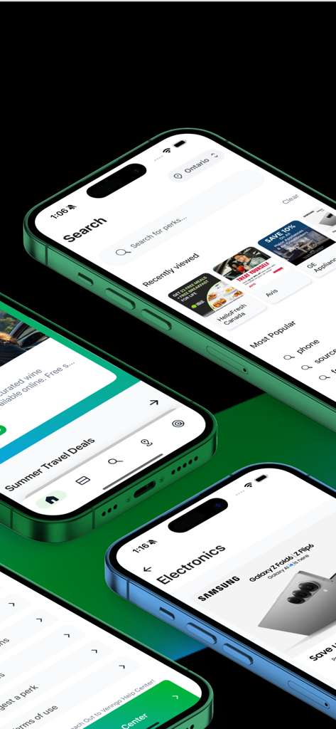 Venngo - Venngo mobile app interface displaying various discount perks and categories on multiple iPhones