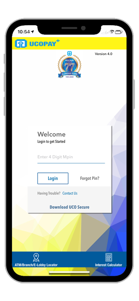 Login screen of the UCOPAY plus app featuring an MPIN entry field and login button