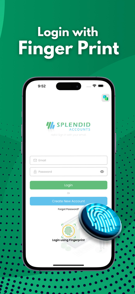 Inventory and Accounting app - Pantalla de inicio de sesión de la aplicación Splendid Accounts con autenticación de huella dactilar para acceso móvil seguro.