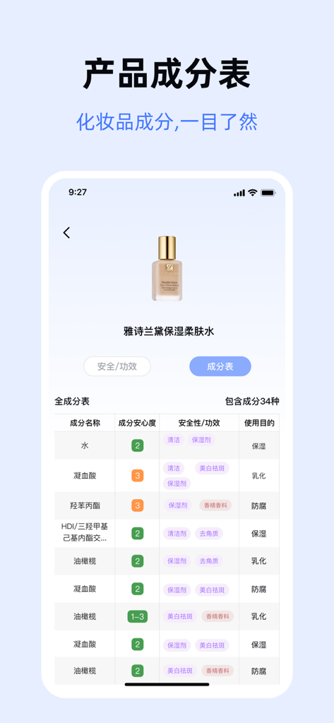 查妆助手 - 化妆品批号查询,科学护肤新体验 - A mobile app interface displaying a detailed cosmetic ingredient safety list with ratings and functions