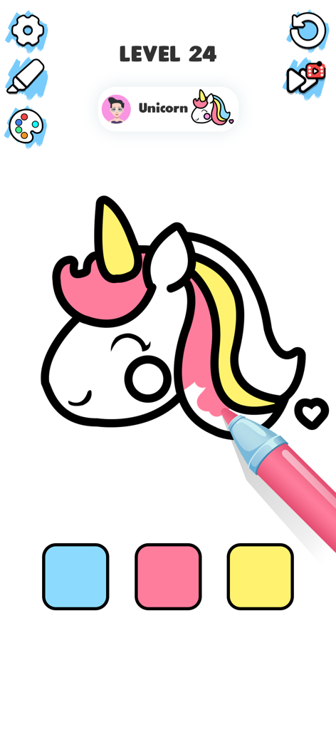 Color ASMR Game: Coloring Page - Mobile game interface showing a pink marker coloring a unicorn drawing on level 24
