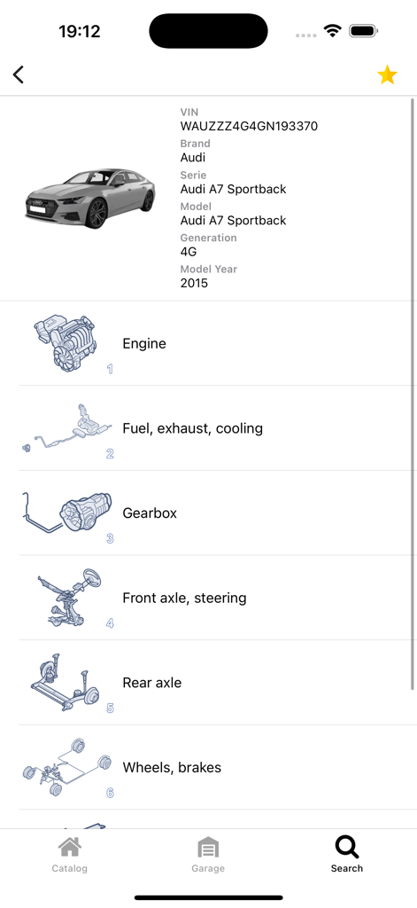 Car parts for Audi - diagrams - Audi A7 Sportback parts catalog screen with categories for engine gearbox and axles