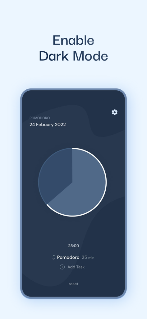 Pomodoro-App-Oberfläche mit einem kreisförmigen Countdown-Timer im Dark-Mode