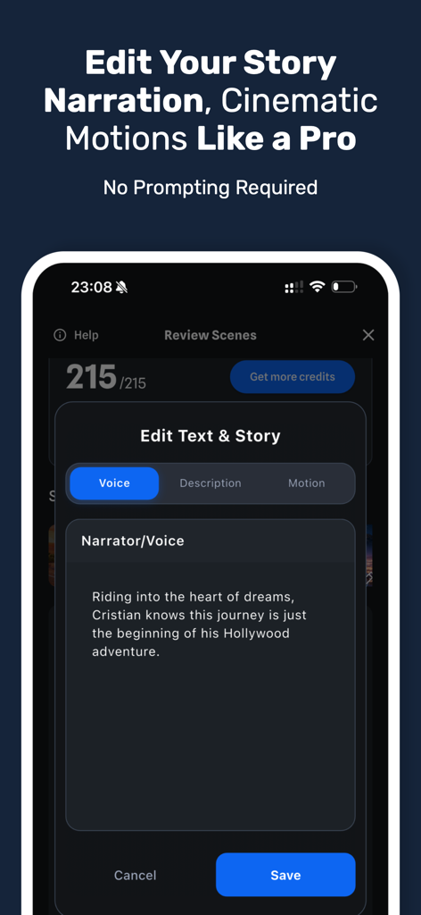 Shorts AI - Video Creator - Interface for editing story narration and AI voice in the Shorts AI app