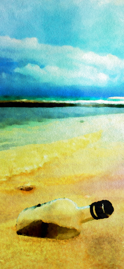 Pintura de acuarela de una escena de playa con una botella en la arena.