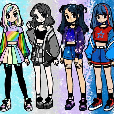 one girl with crop-top shirt and a jacket with a skirt, long socks and another girl with a shirt and pants with a jacket