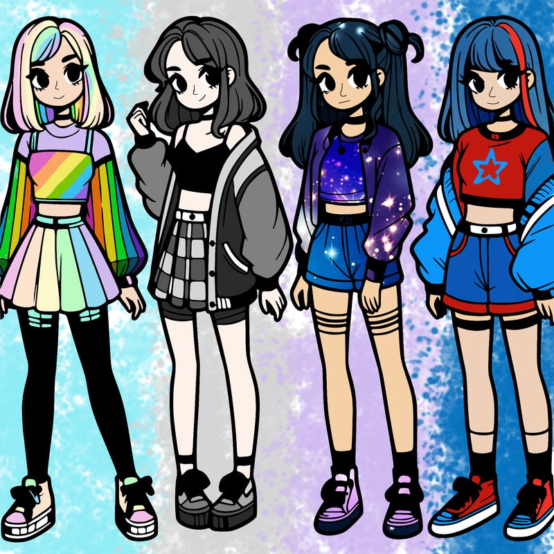 one girl with crop-top shirt and a jacket with a skirt, long socks and another girl with a shirt and pants with a jacket