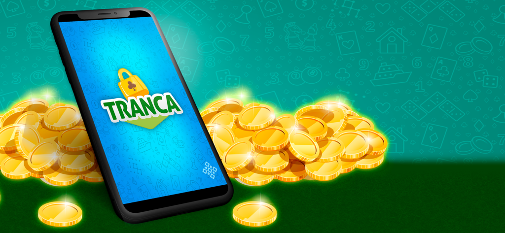 Um smartphone exibindo o logotipo do jogo de cartas Tranca cercado por pilhas de moedas de ouro em uma superfície verde