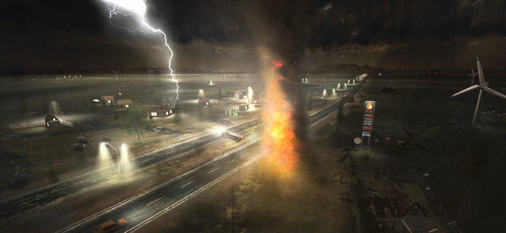 Tornado Alley - Rampage - A large fire tornado destroying buildings at night during a lightning storm
