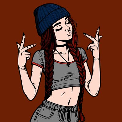 realistic teenage girl with braids and a beanie and crop top doing 🫶🏼