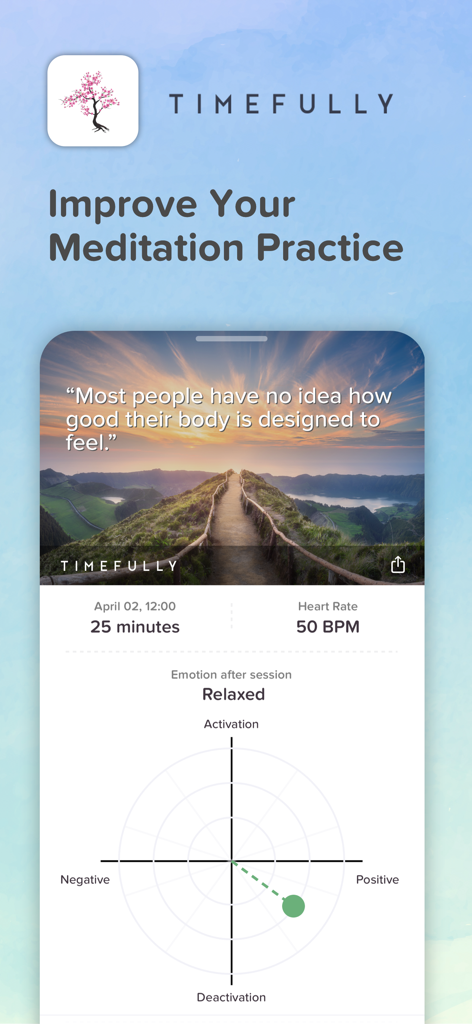 A screenshot of the Timefully app showing a meditation session summary with duration heart rate and emotion tracking
