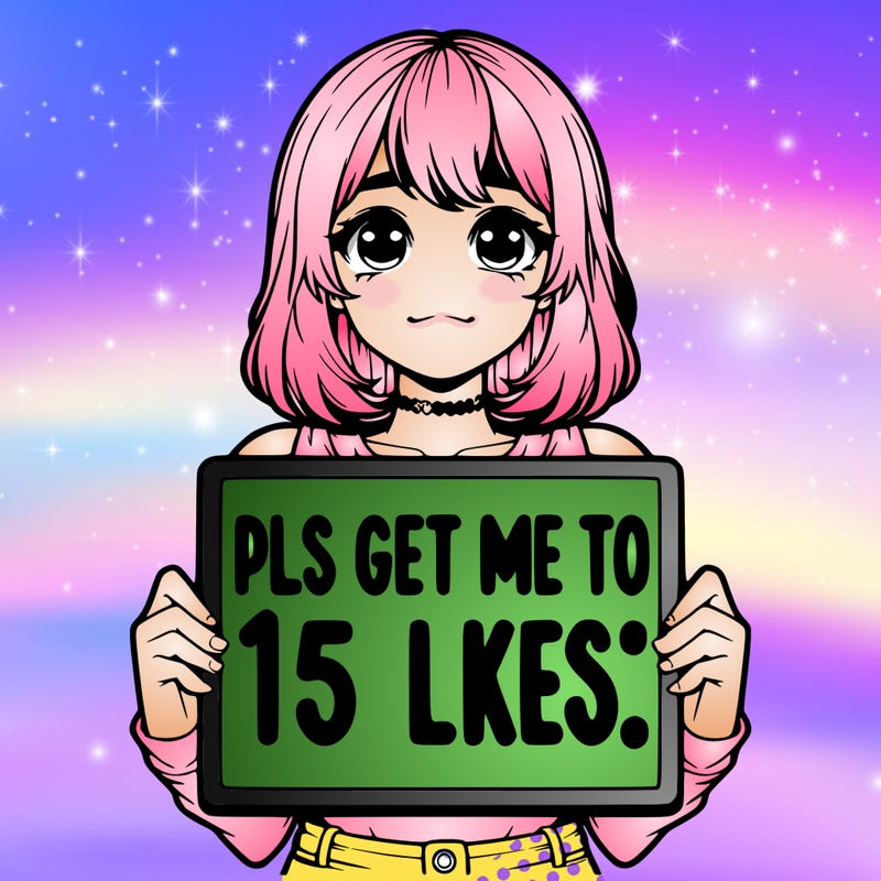 realistic girl holding up a sign that says “pls get me to 15 likes!”