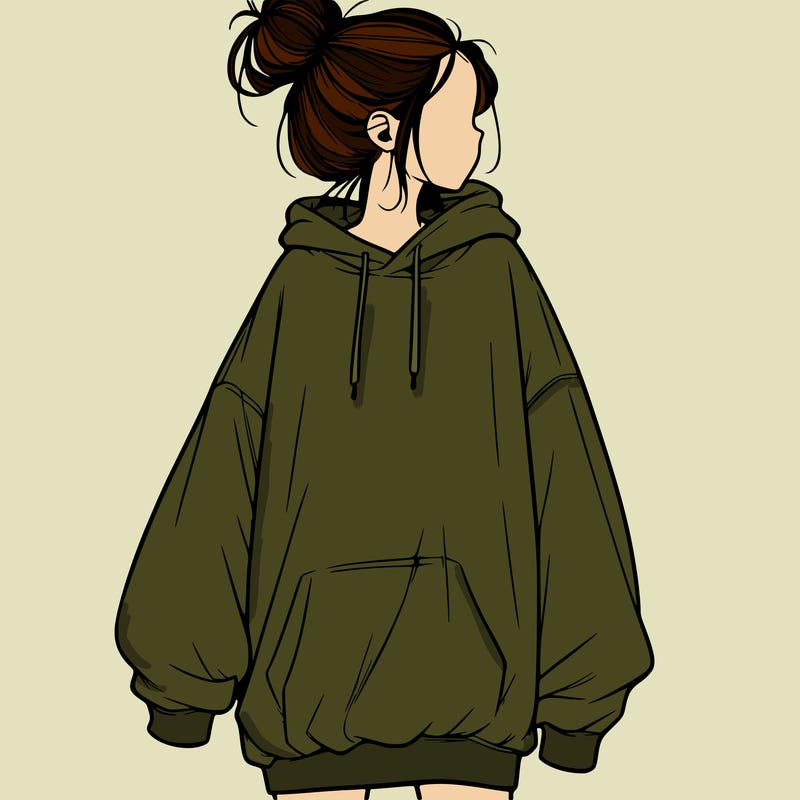 realistic girl with a oversized sweatshirt on and a bun