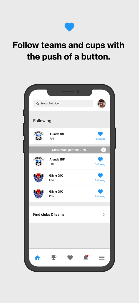 SolidSport - SolidSport mobile app interface showing a list of followed local sports teams and clubs