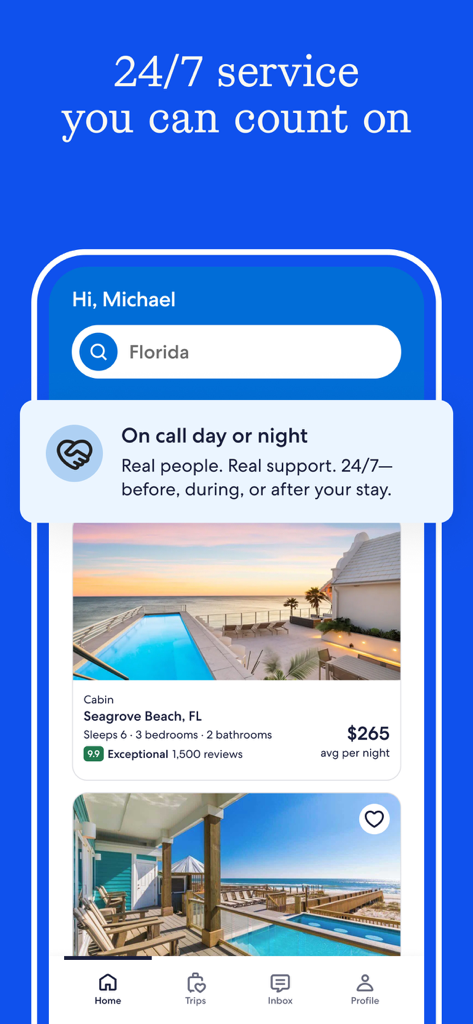 Vrbo app interface showing 24/7 customer support and Florida vacation rentals