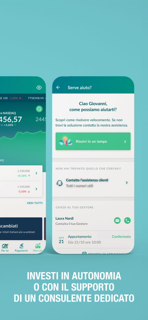 Crédit Agricole Italia app interface showing stock market tracking and a dedicated consultant support page.