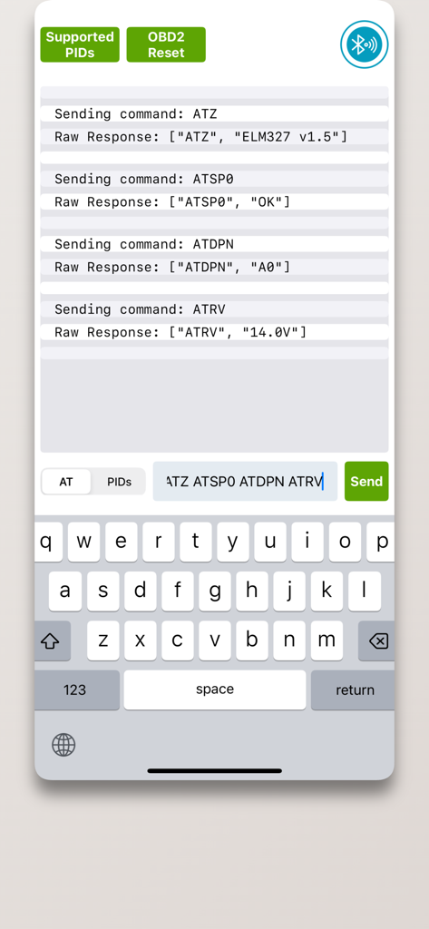 A mobile terminal interface showing raw AT commands and responses for OBDII vehicle diagnostics
