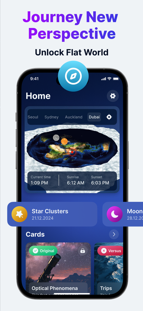 Flataverse: Explore Flat Earth - Flataverse mobile app home screen showing a 3D flat earth model