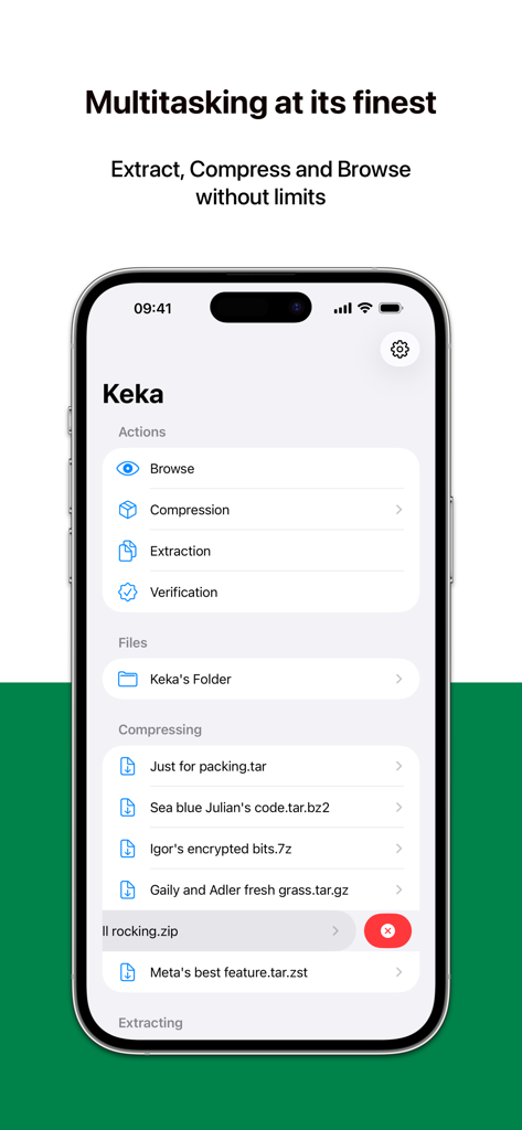 Keka app interface on an iPhone displaying file compression and extraction tasks
