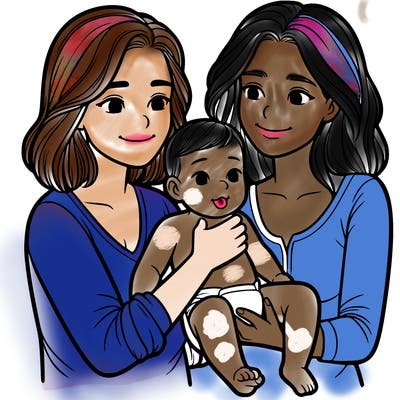 two realistic women holding one baby together