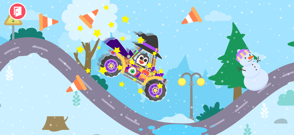 Car Wash Car Games for kids - Um pinguim dirigindo um caminhão monstro decorado em uma pista de corrida de inverno nevada