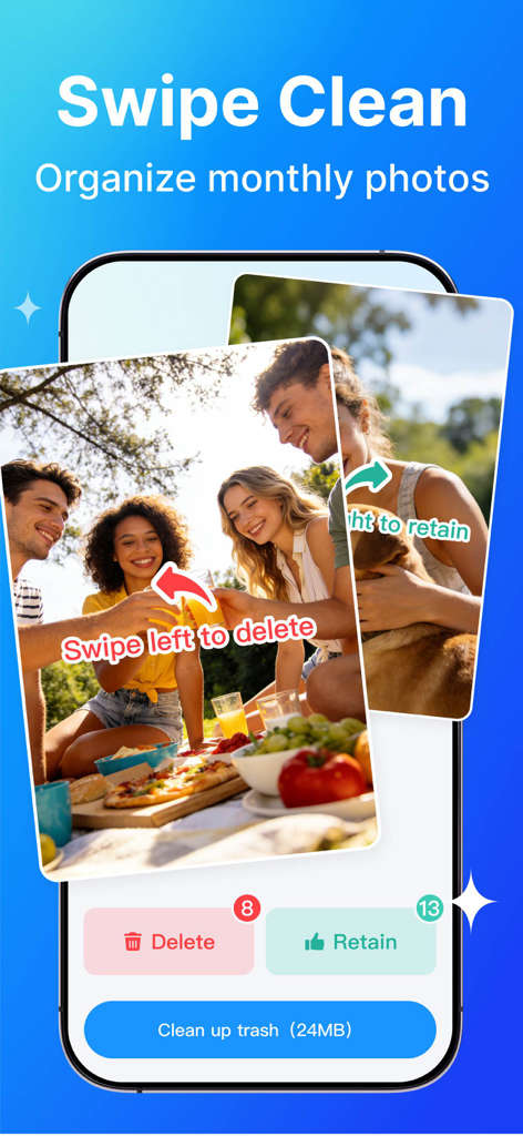 TopCleaner:Release Storage - TopCleaner app interface showing the swipe clean feature to delete or retain photos for storage management