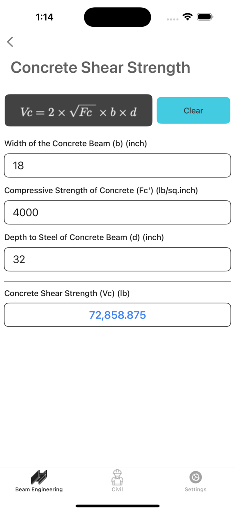 Concrete shear strength calculation screen in the Beam Engineering lite app featuring input fields for width, compressive strength, and depth