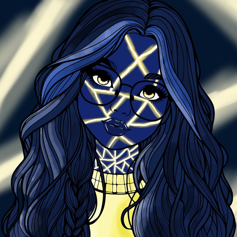 girl with long hair and freckles and glasses realistic