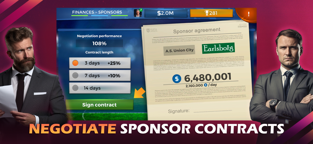 Pantalla de negociación para un acuerdo de patrocinio en el juego Pro 11 Soccer Manager que muestra los términos del contrato y detalles financieros.