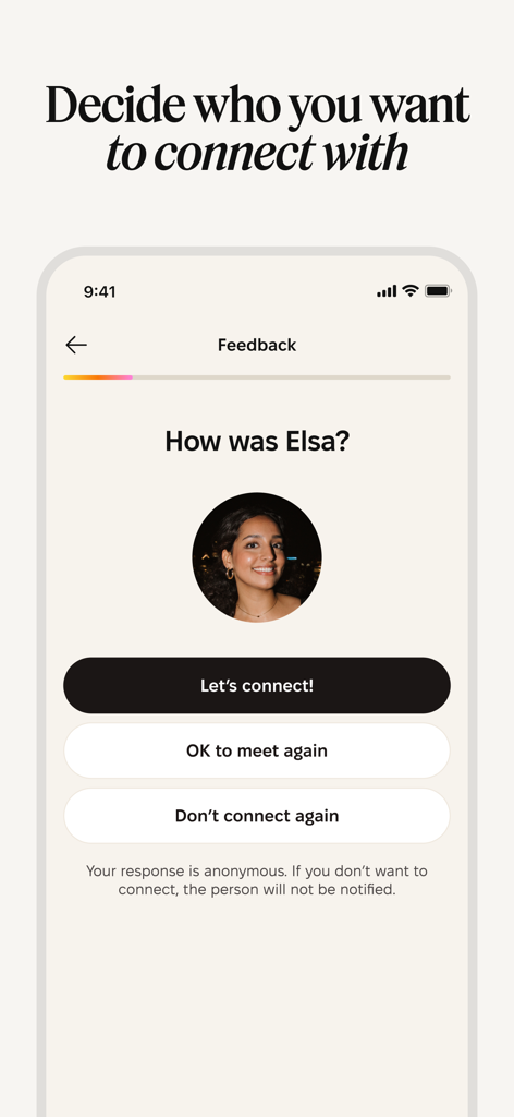 A feedback screen in the Timeleft app asking the user if they want to connect with a person after a shared dinner experience.