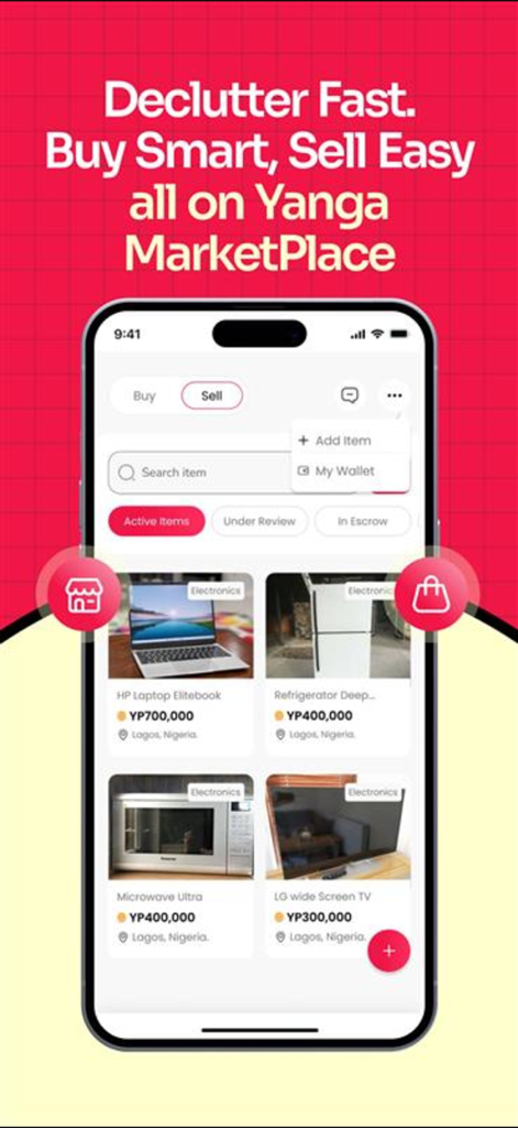 YangaPlug - Pay and Earn - YangaPlugモバイルアプリのマーケットプレイスインターフェース。ラップトップやテレビなど、販売中の電子機器が表示されています。