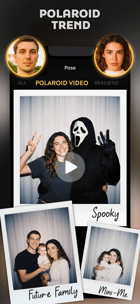 Interfaz de la aplicación Pose AI que muestra filtros de tendencia Polaroid y efectos de video vintage