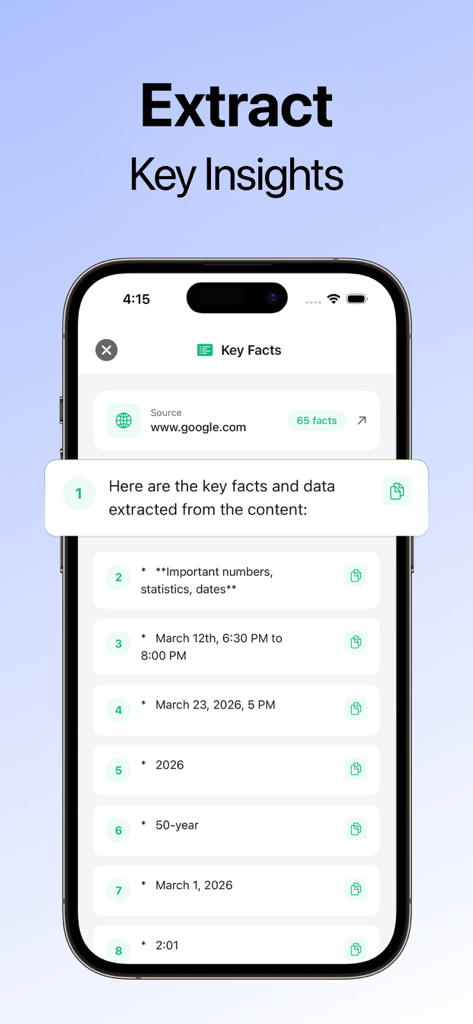 Seekee AI - Search & Assistant - Interfaz de la aplicación Seekee AI que muestra una lista de hechos y estadísticas clave extraídos de un sitio web