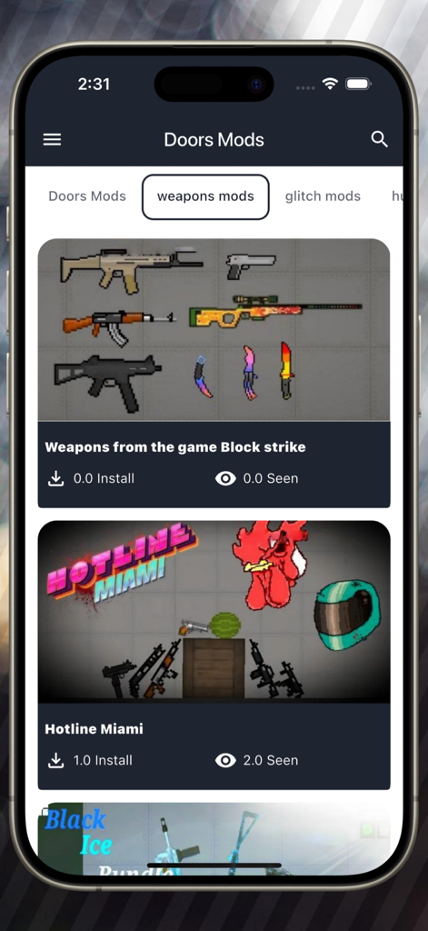 Rainbow Mods for Playground - Interface of Rainbow Mods for Playground app showing weapon mod packs for sandbox gaming.