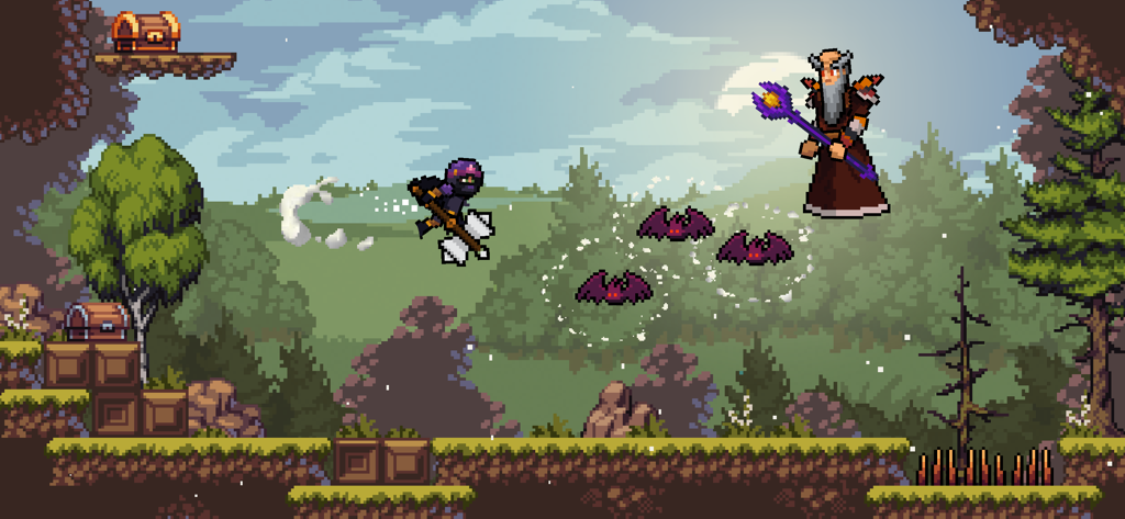 Apple Knight - Herói de Apple Knight atacando um mago e morcegos em um nível de floresta