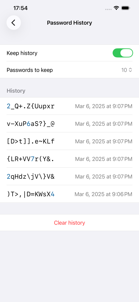 The password history screen of the pwSafe 2 app displaying a list of previous secure passwords and their generation dates