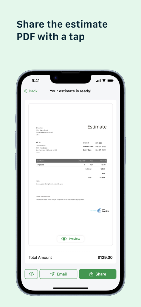 A smartphone screen displaying a completed business estimate with options to email or share it as a PDF