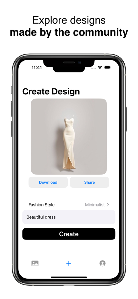 Interfaz de la aplicación Fashion Design AI que muestra un vestido minimalista color crema generado a partir de una indicación de texto.