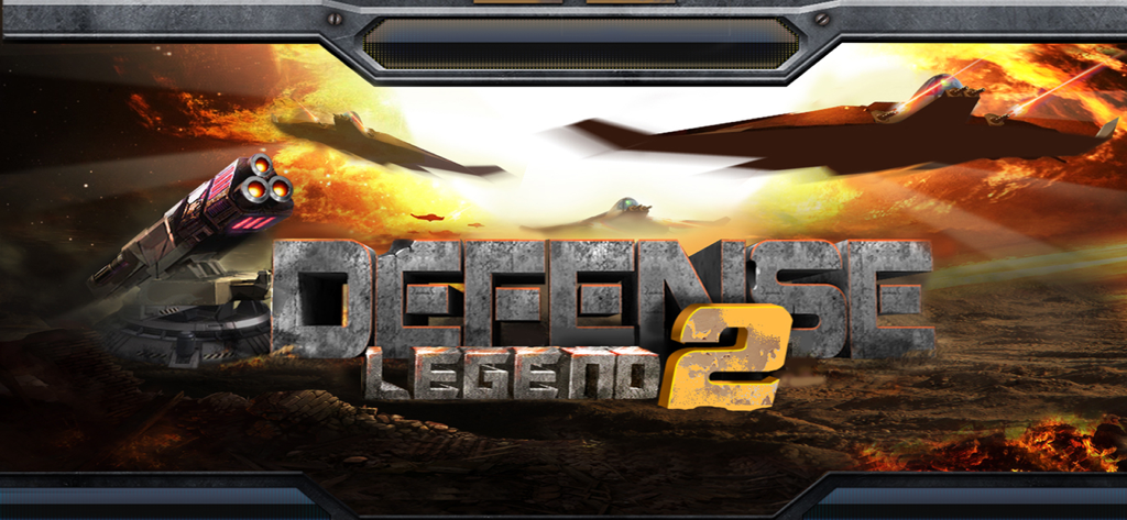 Defense Legend 2 - Defense Legend 2 title screen with futuristic turrets and combat planes over a battlefield