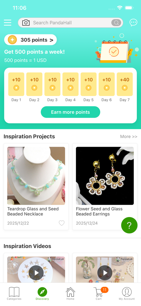 Pandahall  Beads - PandaHall Beads app discovery screen featuring daily check-in rewards and DIY jewelry inspiration projects.