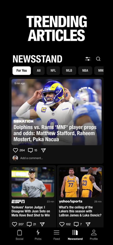Arena - The Sports Super App - Arena app Newsstand screen showing trending sports news articles from ESPN Yahoo Sports and SB Nation with categories for NFL MLB and NBA
