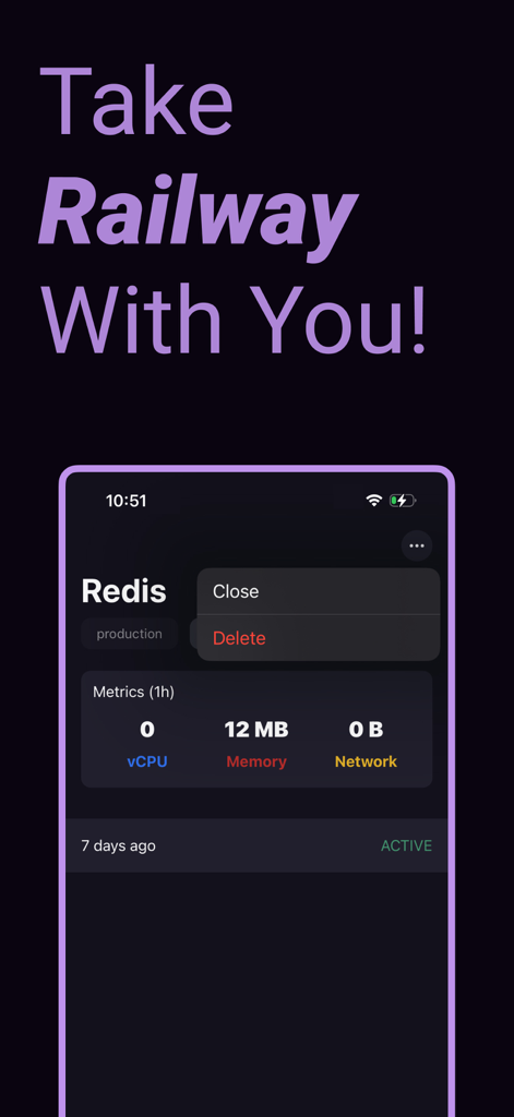 Railway.app Client — Station - Mobile interface of the Station app showing production metrics for a Redis service hosted on Railway.app.